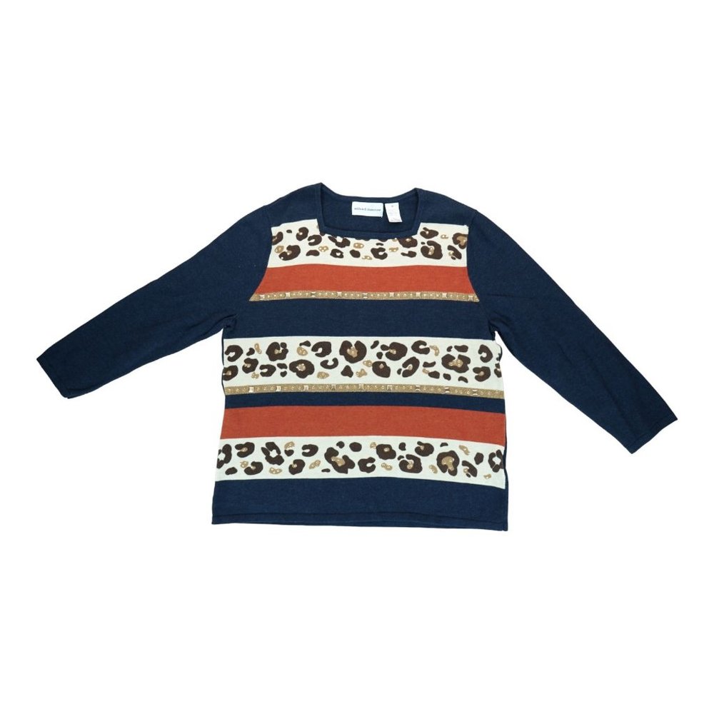 ALFRED DUNNER Womens Size Medium 3/4 Sleeve Animal Print Studded Sweater Top